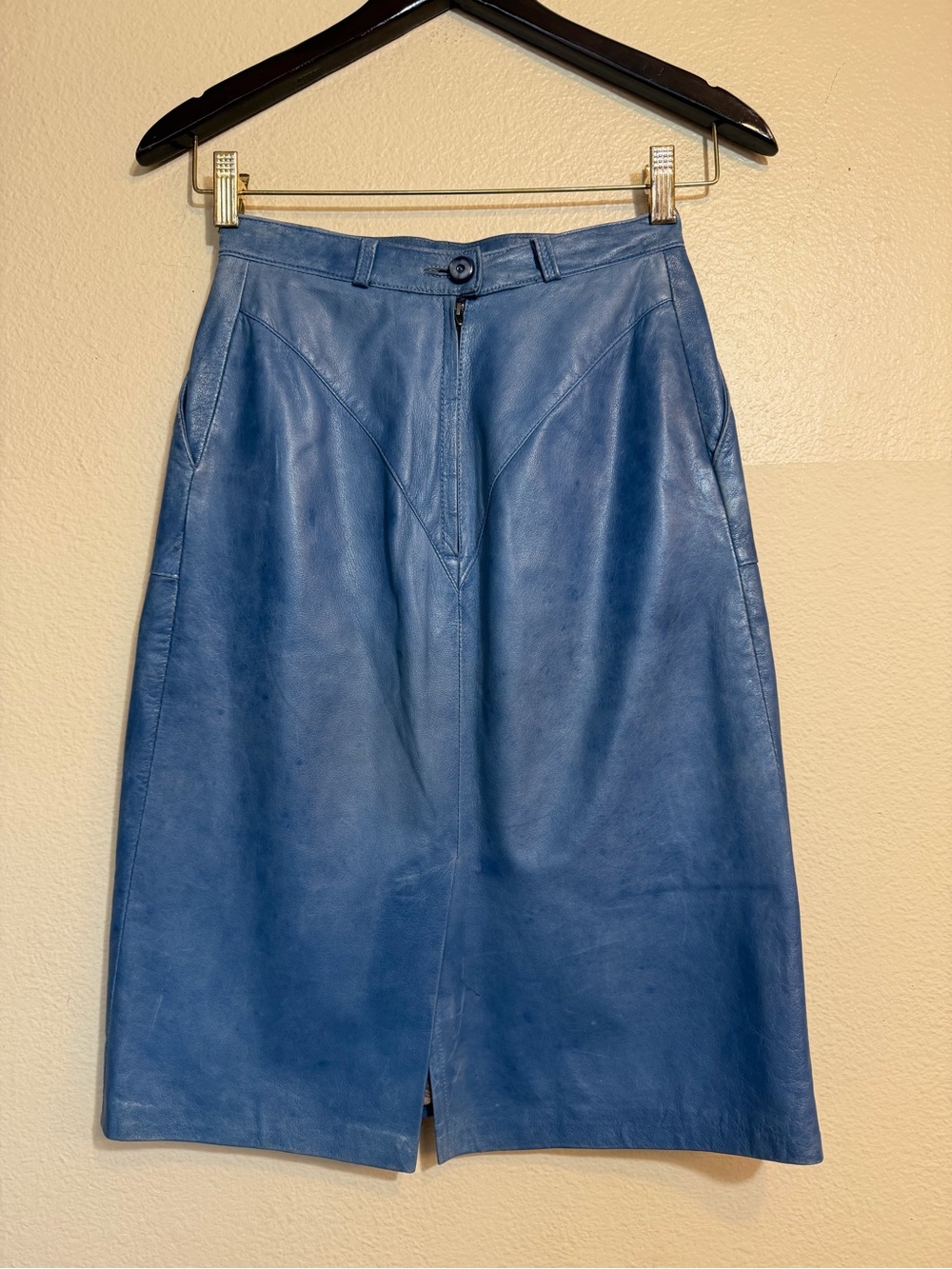 Vintage Italian Blue Leather Pencil Skirt High Waisted Western Yoke Vera Pelle